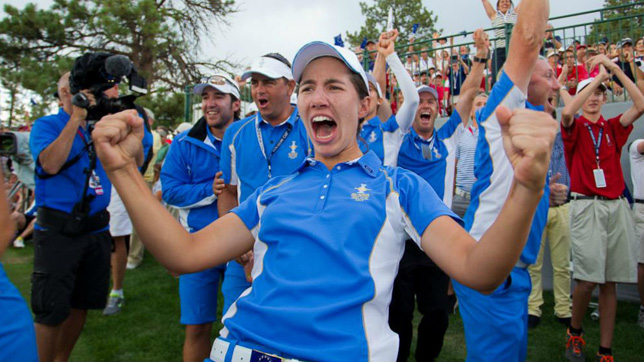 Carlota Ciganda celebrates the triumph of Europe in the 2013 Solheim Cup the last european triumph